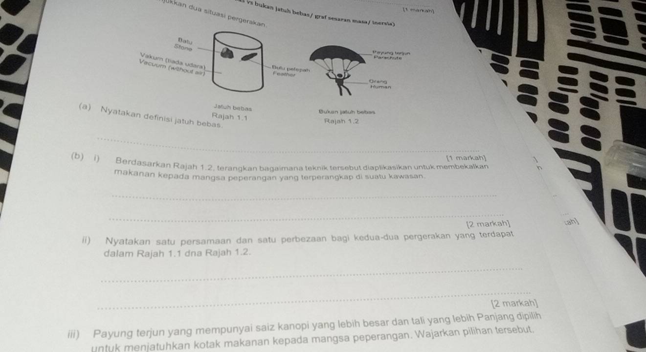 [1 markah] 
Iūkkan dua situasi pergerakan 
Is vs bukan Jatuh bebas/ grəf sesaran masa/ inersia) 
Batu 
Stone 
Payung terjun Parachute 
Vakum (tiada udara) 
Vacuum (without air) 
Bulu pelepan 
Feather 
greng 
Human 
a 
a 
Jatuh bebas 
Bukan jatuh bebas 
(a) Nyatakan definisi jatuh bebas. 
Rajah 1.1 
Rajah 1.2 
_ 
[1 markah] 
(b) i) Berdasarkan Rajah 1.2, terangkan bagaimana teknik tersebut diaplikasikan untuk membekalkan 
makanan kepada mangsa peperangan yang terperangkap di suatu kawasan. 
_ 
_ 
[2 markah] (ah] 
ii) Nyatakan satu persamaan dan satu perbezaan bagi kedua-dua pergerakan yang terdapat 
dalam Rajah 1.1 dna Rajah 1.2. 
_ 
_ 
[2 markah] 
iii) Payung terjun yang mempunyai saiz kanopi yang lebih besar dan tali yang lebih Panjang dipilih 
untuk menjatuhkan kotak makanan kepada mangsa peperangan. Wajarkan pilihan tersebut.