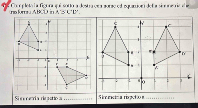 1 . Completa la figura qui sotto a destra con nome ed equazioni della simmetria che
trasforma ABCD in A'B'C'D'.
Simmetria rispetto a_ Simmetria rispetto a_