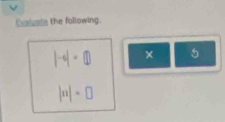 Evalvate the following.
|-6|=□ × 5
|n|=□