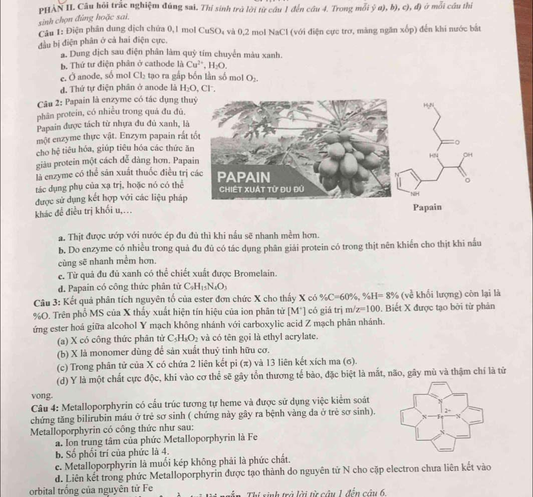 PHÀN II. Câu hỏi trắc nghiệm đúng sai. Thí sinh trả lời từ cầu 1 đến cầu 4. Trong mỗi ý a), b), c), đ) ở mỗi cầu thi
sinh chọn đúng hoặc sai,
Câu 1: Điện phân dung dịch chứa 0,1 mol CuSO_4 4 và 0,2 mol NaCl (với điện cực trơ, màng ngăn xốp) đến khí nước bắt
đầu bị điện phân ở cả hai điện cực.
a. Dung dịch sau điện phân làm quỳ tím chuyển màu xanh.
b. Thứ tư điện phân ở cathode là Cu^(2+),H_2O.
c. Ở anode, số mol Cl_2 tạo ra gấp bốn lần số mol O_2.
d. Thứ tự điện phân ở anode là H_2O , Cl.
Câu 2: Papain là enzyme có tác dụng thuỷ
phân protein, có nhiều trong quả đu đủ.H-N
Papain được tách từ nhựa đu đủ xanh, là
một enzyme thực vật. Enzym papain rất tố
。
cho hệ tiêu hóa, giúp tiêu hóa các thức ăn
HN OH
giàu protein một cách dễ dàng hơn. Papain
là enzyme có thể sản xuất thuốc điều trị cá
tác dụng phụ của xạ trị, hoặc nó có thể
được sử dụng kết hợp với các liệu pháp
NH
khác đề điều trị khối u,... Papain
a. Thịt được ướp với nước ép đu đủ thì khi nấu sẽ nhanh mềm hơn.
b. Do enzyme có nhiều trong quả đu đủ có tác dụng phân giải protein có trong thịt nên khiến cho thịt khi nấu
cùng sẽ nhanh mềm hơn.
c. Từ quả đu đủ xanh có thể chiết xuất được Bromelain.
d. Papain có công thức phân tử C_9H_15N_4O_3
Câu 3: Kết quả phân tích nguyên tố của ester đơn chức X cho thấy X có % C=60% ,% H=8% (về khối lượng) còn lại là
%O. Trên phổ MS của X thấy xuất hiện tín hiệu của ion phân tử [M⁺] có giá trị m/z=100. Biết X được tạo bởi từ phản
ứng ester hoá giữa alcohol Y mạch không nhánh với carboxylic acid Z mạch phân nhánh.
(a) X có công thức phân tử C_5H_8O_2 và có tên gọi là ethyl acrylate.
(b) X là monomer dùng để sản xuất thuỷ tinh hữu cơ.
(c) Trong phân tử của X có chứa 2 liên kết pi (π) và 13 liên kết xích ma (σ).
(d) Y là một chất cực độc, khi vào cơ thể sẽ gây tổn thương tế bào, đặc biệt là mắt, não, gây mù và thậm chí là tử
vong.
Câu 4: Metalloporphyrin có cấu trúc tương tự heme và được sử dụng việc kiểm soát
chứng tăng bilirubin máu ở trẻ sơ sinh ( chứng này gây ra bệnh vàng da ở trẻ sơ sinh).
Metalloporphyrin có công thức như sau:
a. Ion trung tâm của phức Metalloporphyrin là Fe
b. Số phối trí của phức là 4.
c. Metalloporphyrin là muối kép không phải là phức chất.
d. Liên kết trong phức Metalloporphyrin được tạo thành do nguyên tử N cho cặp electron chưa liên kết vào
orbital trống của nguyên tử Fe  Thí sinh trở lời từ câu 1 đến câu 6