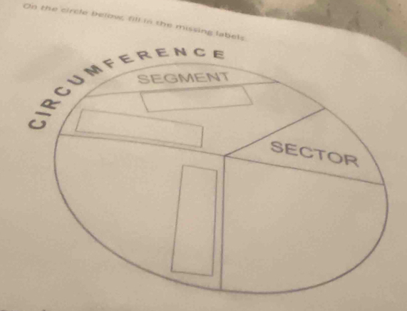 On the circle below, fill in the missing labels 
IRCUMFErence SEGMENT 
SECTOR