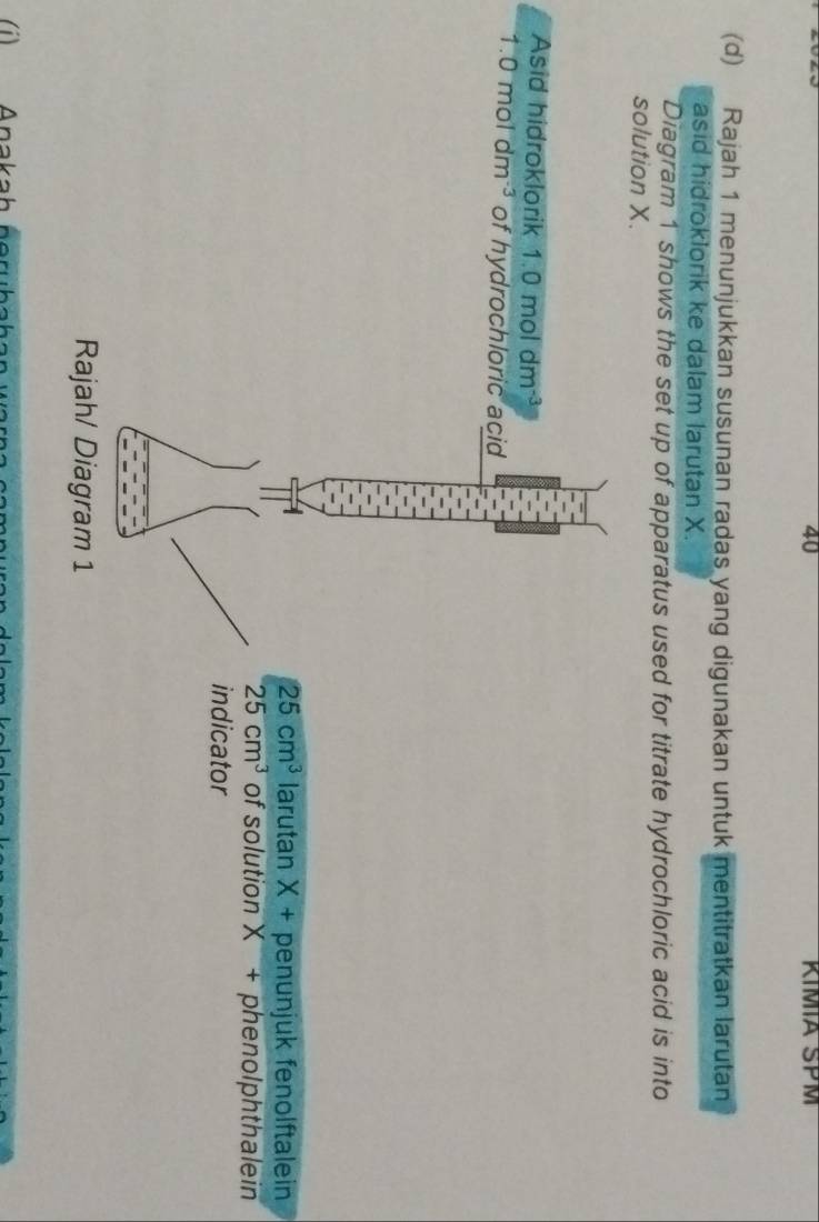 RIMIA ŠPM 
(d) Rajah 1 menunjukkan susunan radas yang digunakan untuk mentitratkan larutan 
asid hidroklorik ke dalam larutan X. 
Diagram 1 shows the set up of apparatus used for titrate hydrochloric acid is into 
solution X. 
Asid hidroklorik 1.0moldm^(-3)
1.0moldm^(-3) of hydrochloric acid
25cm^3 larutan X+ penunjuk fenolftalein
25cm^3 of solution X + phenolphthalein 
indicator 
Rajah/ Diagram 1 
i) Anakah nerühaha