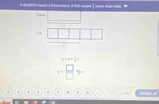 A dolphin swam x kilometers. A fish swam  2/3  more than that. 
Dolphin
x
Fish
x
y=x+ 2/3 x
y= □ /□  9x
2 3 4 5 6 7 8 9 0 1 Enter