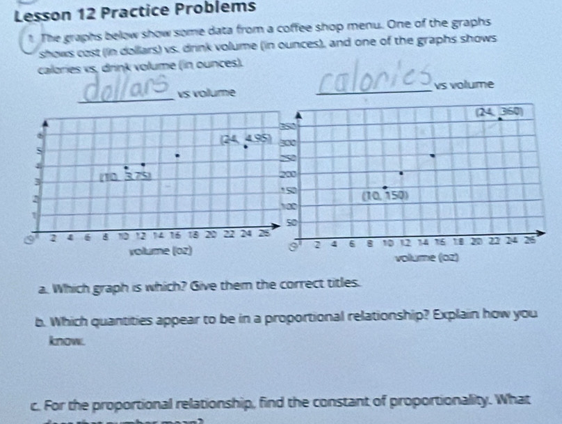 Lesson 12 Practice Problems 
1. The graphs below show some data from a coffee shop menu. One of the graphs 
shows cost (in dollars) vs. drink volume (in ounces), and one of the graphs shows 
calories vs, drink volume (in ounces). 
_ 
vs volume _vs volume 
(24, 360) 
(10,150)
2 4 6 8 10 12 14 16 18 20 22 24 26
vollume (0z) 
a. Which graph is which? Give them the correct titles. 
b. Which quantities appear to be in a proportional relationship? Explain how you 
know. 
c. For the proportional relationship, find the constant of proportionality. What