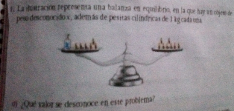 La iluutración representa una balanza en equilibrio, en la que hay un objeto de 
peso desconocido x, además de pesitas cilíndricas de 1 kg cada una 
4 ¿Qué vajor se desconoce en este problema?