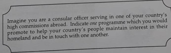 Imagine you are a consular officer serving in one of your country's 
high commissions abroad. Indicate one programme which you would 
promote to help your country's people maintain interest in their 
homeland and be in touch with one another.