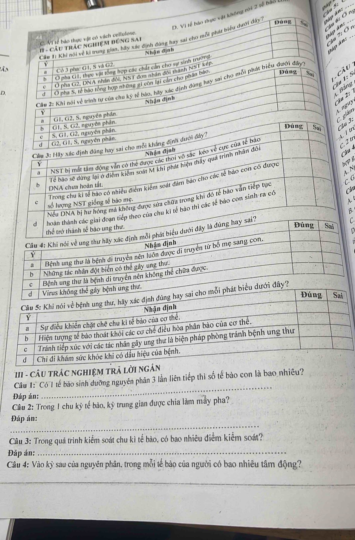 Đáp  
â   5  _
D. Vi tế bào thực vật không rời 2 tế bào 
Đúng Sai
Đáp án:
'Au 6: Ö n,
Dáp án:_
âu 7: Ở 
C. Mí tế bào thực vật có vách cellulose.
Câu 1: Khi nói về kỉ trung gian, hãy xác định đúng hay sai cho mỗi phát biểu dưới đây?
áp án:
I - cÂu trác nghiệM đúnG SAi
Y Nhận định
b Ở pha G1, thực vật tổng hợp các chất cần cho sự sinh trường.
a Cỏ 3 pha: G1, S và G2.
lân Đúng Sai  câu
c Ở pha G2, DNA nhân đối, NST đơn nhân đôi thành NST kép.
Cầu 1: S
Cầu 2: Khi nói về trình tự của chu kỷ tế bào, hãy xác định đúng hay sai cho mỗi phát biểu dưới đây7
D.
d Ở pha S, tế bào tổng hợp những gì còn lại cần cho phân bào
A. Bằng
Nhận định
Câu  
Ý
A. nguy
C giám
a G1, G2, S, nguyên phân.
b G1, S, G2, nguyên phân.
Đúng Sai Câu 3:
A. I tr
c S, G1, G2, nguyên phân.
d  G2, G1, S, nguyên phân.
C. 2tr
Câu 3: Hãy xác định đúng hay sai cho mỗi khẳng định dưới đây?
Nhận định
Câu 4
a NST bị mất tâm động vẫn có thể được các thoi vô sắc kéo về cực của tế bào
Ý
hợp g
Tể bào sẽ dừng lại ở điểm kiểm soát M khi phát hiện thấy quá trình nhân đôi
4. N
Trong chu kì tế bào có nhiều điểm kiểm soát đảm bảo cho các tế bào con có được
Nếu DNA bị hư hỏng mà không được sửa chữa trong khi đó tế bào vẫn tiếp tục
C. G
b DNA chưa hoàn tất.
Câu
c số lượng NST giống tế bào mẹ.
A. t
d    hoàn thành các giai đoạn tiếp theo của chu kì tế bào thì các tế bảo con sinh ra có
B.
C
thể trở thành tế bào ung thư.
Đúng Sai
D
Câu 4: Khi nói về ung thư hãy xác định mỗi phát biểu dưới đây là đúng hay sai?
Nhận định
a  Bệnh ung thư là bệnh di truyền nên luôn được di truyền từ bố mẹ sang con.
Y
b Những tác nhân đột biến có thể gây ung thư.
c Bệnh ung thư là bệnh di truyền nên không thể chữa được.
thư.
u dưới đây?
*HI - CÂU TRÁC NGHIỆM TRẢ LờI NG
Câu 1: Có I tế bào sinh dưỡng nguyên phân 3 lần liên tiếp thì số tế bào con là bao nhiêu?
Đáp án:
_
Câu 2: Trong 1 chu kỳ tế bảo, kỳ trung gian được chia làm mẫy pha?
_
Đáp án:
Câu 3: Trong quá trình kiểm soát chu kì tế bào, có bao nhiêu điểm kiểm soát?
Đáp án:_
Câu 4: Vào kỳ sau của nguyên phân, trong mỗi tế bảo của người có bao nhiêu tâm động?
_