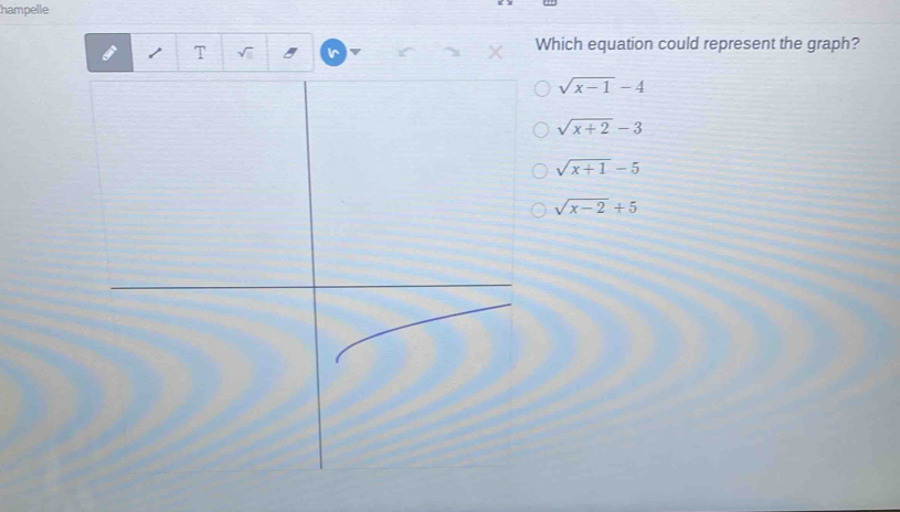 hampelle
T
Ir
Which equation could represent the graph?
sqrt(x-1)-4
sqrt(x+2)-3
sqrt(x+1)-5
sqrt(x-2)+5