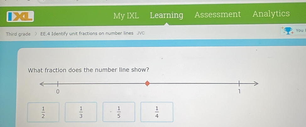 My IXL Learning Assessment Analytics
You
Third grade EE.4 Identify unit fractions on number lines JVC
What fraction does the number line show?
 1/2 
 1/3 
 1/5 
 1/4 