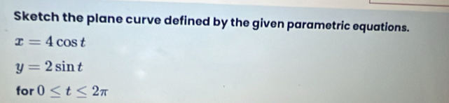 Sketch the plane curve defined by the given parametric equations.
x=4cos t
y=2sin t
for 0≤ t≤ 2π