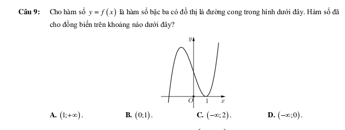 Cho hàm số y=f(x) là hàm số bậc ba có đồ thị là đường cong trong hình dưới đây. Hàm số đã
cho đồng biến trên khoảng nào dưới đây?
A. (1;+∈fty ). B. (0;1). C. (-∈fty ;2). D. (-∈fty ;0).