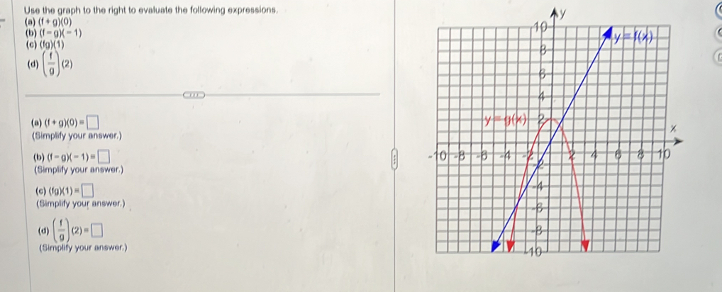 Use the graph to the right to evaluate the following expressions.
(a) (f+g)(0)
y
(b) (f-g)(-1)
(c) (fg)(1)
(d) ( f/g )(2)
(a) (f+g)(0)=□
(Simplify your answer.)
(b) (f-g)(-1)=□
(Simplify your answer.)
(c) (fg)(1)=□
(Simplify your answer.)
(d) ( f/g )(2)=□
(Simplify your answer.)