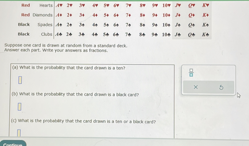 Red Hearts Ap 2♥ 3♥ 4♥ 5♥ 6♥ 7♥ 8♥ 9♥ 10♥ JV K 
Red Diamonds A♦ 2♦ 3♦ 4+ 5+ 6+ 7+ 8+ 9+ 10 ◆ J* Q+ K
Black Spades As 2* 3e 4• 5o 6 7。 8* 9. 10* Jo Q K* 
Black Clubs Ae 2* 3* 4♣ 5* 6♣ 7* 8 9* 10 * J♣ Q K- 
Suppose one card is drawn at random from a standard deck. 
Answer each part. Write your answers as fractions. 
(a) What is the probability that the card drawn is a ten?
 □ /□  
× 
(b) What is the probability that the card drawn is a black card? 
(c) What is the probability that the card drawn is a ten or a black card?