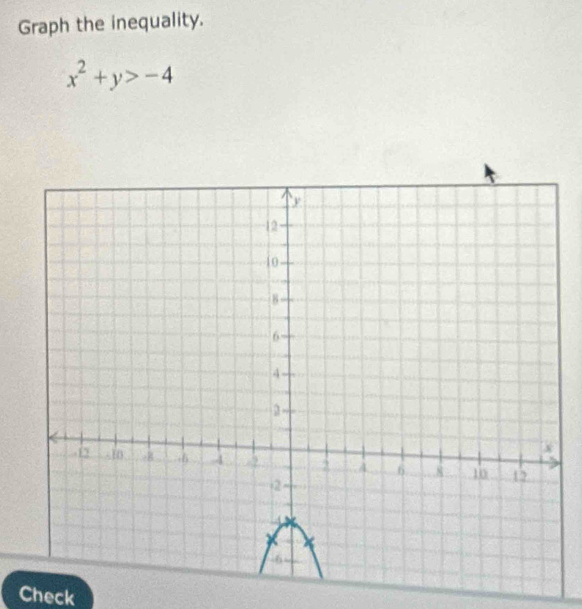 Graph the inequality.
x^2+y>-4
Check