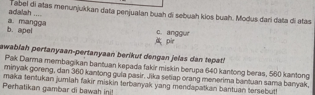 adalah .... 
Tabel di atas menunjukkan data penjualan buah di sebuah kios buah. Modus dari data di atas 
a. mangga 
b.apel 
c. anggur 
à pir 
awablah pertanyaan-pertanyaan berikut dengan jelas dan tepat! 
Pak Darma membagikan bantuan kepada fakir miskin berupa 640 kantong beras, 560 kantong 
minyak goreng, dan 360 kantong gula pasir. Jika setiap orang menerima bantuan sama banyak, 
maka tentukan jumlah fakir miskin terbanyak yang mendapatkan bantuan tersebut! 
Perhatikan gambar di bawah ini!