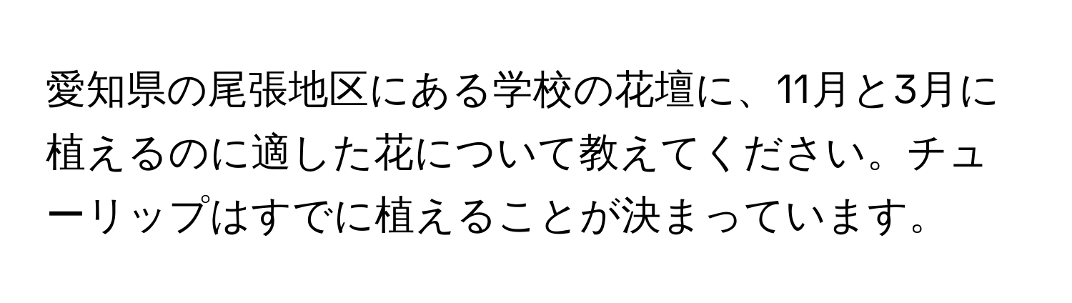 愛知県の尾張地区にある学校の花壇に、11月と3月に植えるのに適した花について教えてください。チューリップはすでに植えることが決まっています。