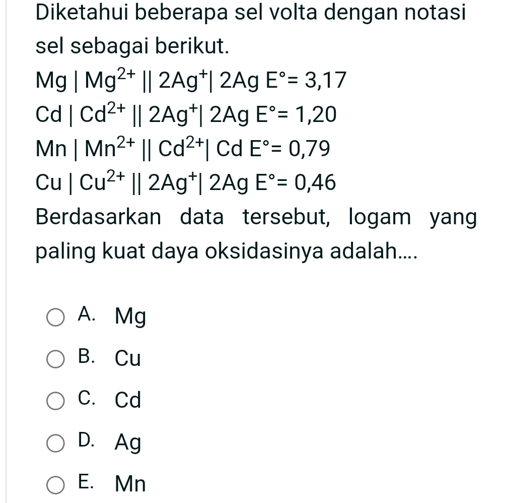 Diketahui beberapa sel volta dengan notasi
sel sebagai berikut.
Mg|Mg^(2+)||2Ag^+|2AgE°=3,17
Cd|Cd^(2+)||2Ag^+|2AgE°=1,20
Mn|Mn^(2+)||Cd^(2+)| Cd | E°=0,79
Cu|Cu^(2+)||2Ag^+|2AgE°=0,46
Berdasarkan data tersebut, logam yang
paling kuat daya oksidasinya adalah....
A. Mg
B. Cu
C. Cd
D. Ag
E. Mn