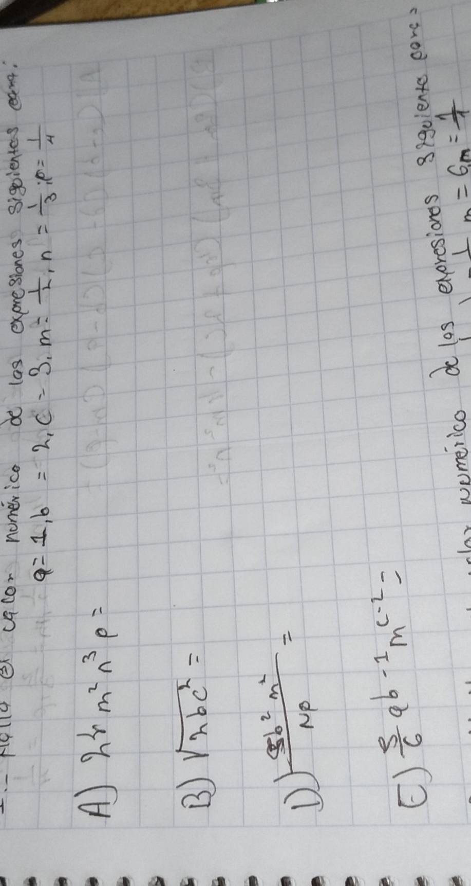 、-Hll4 e cqcor nomerice do las expresiones sigientes cang.
Q=1, b=2, c=3, m= 1/2 , n= 1/3 , p= 1/4 
A) 2rm^2n^3p=
B sqrt(2bc^2)=
D  Sb^2m^2/Np =
()  5/6 qb^(-1)m^(c-2)=
lar wumerico do los exeresiones s(goiente care.
= 6m= 1/1 