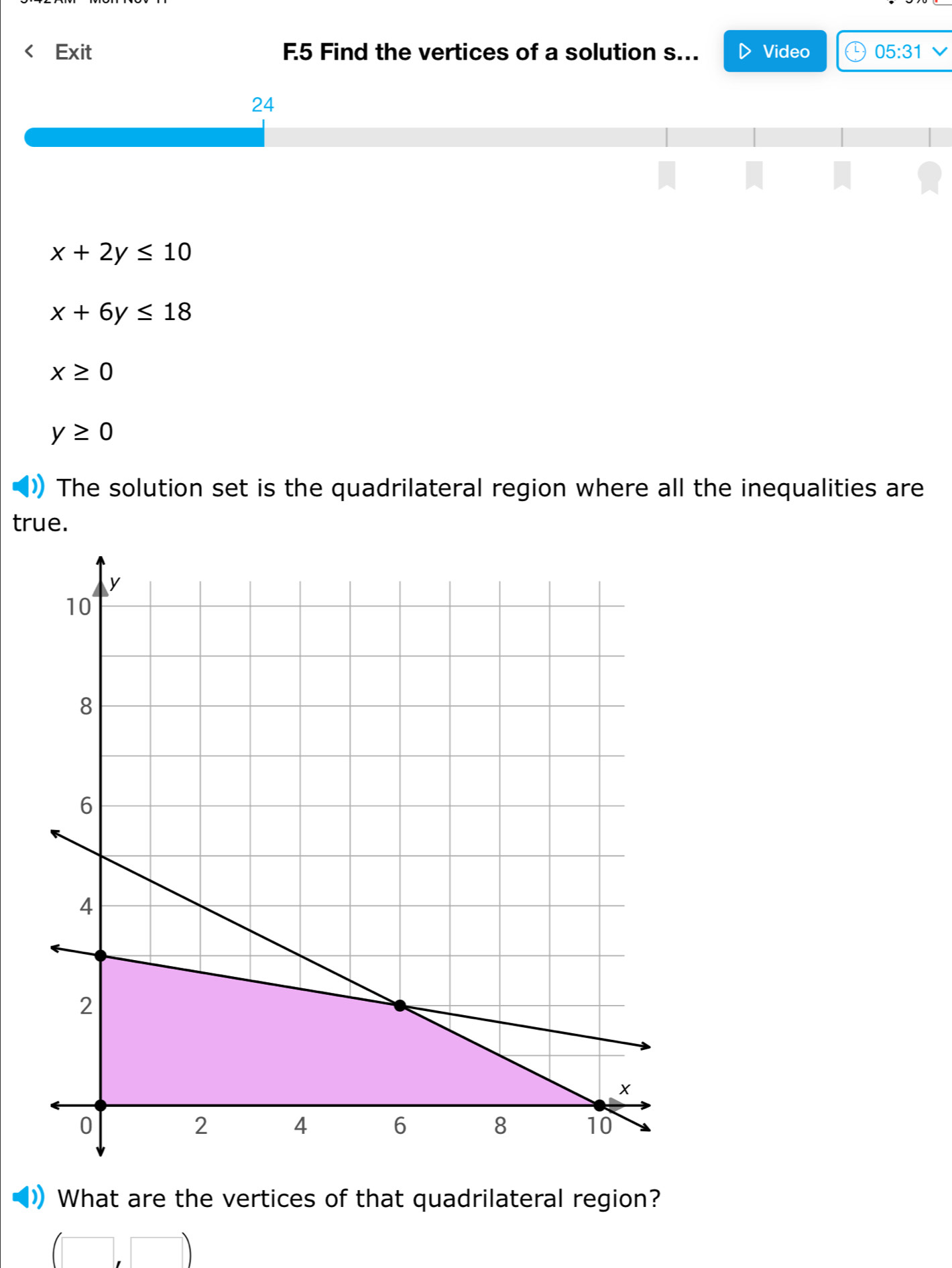 < Exit F.5 Find the vertices of a solution s... Video 05:31 
24
x+2y≤ 10
x+6y≤ 18
x≥ 0
y≥ 0
The solution set is the quadrilateral region where all the inequalities are 
true. 
)) What are the vertices of that quadrilateral region?