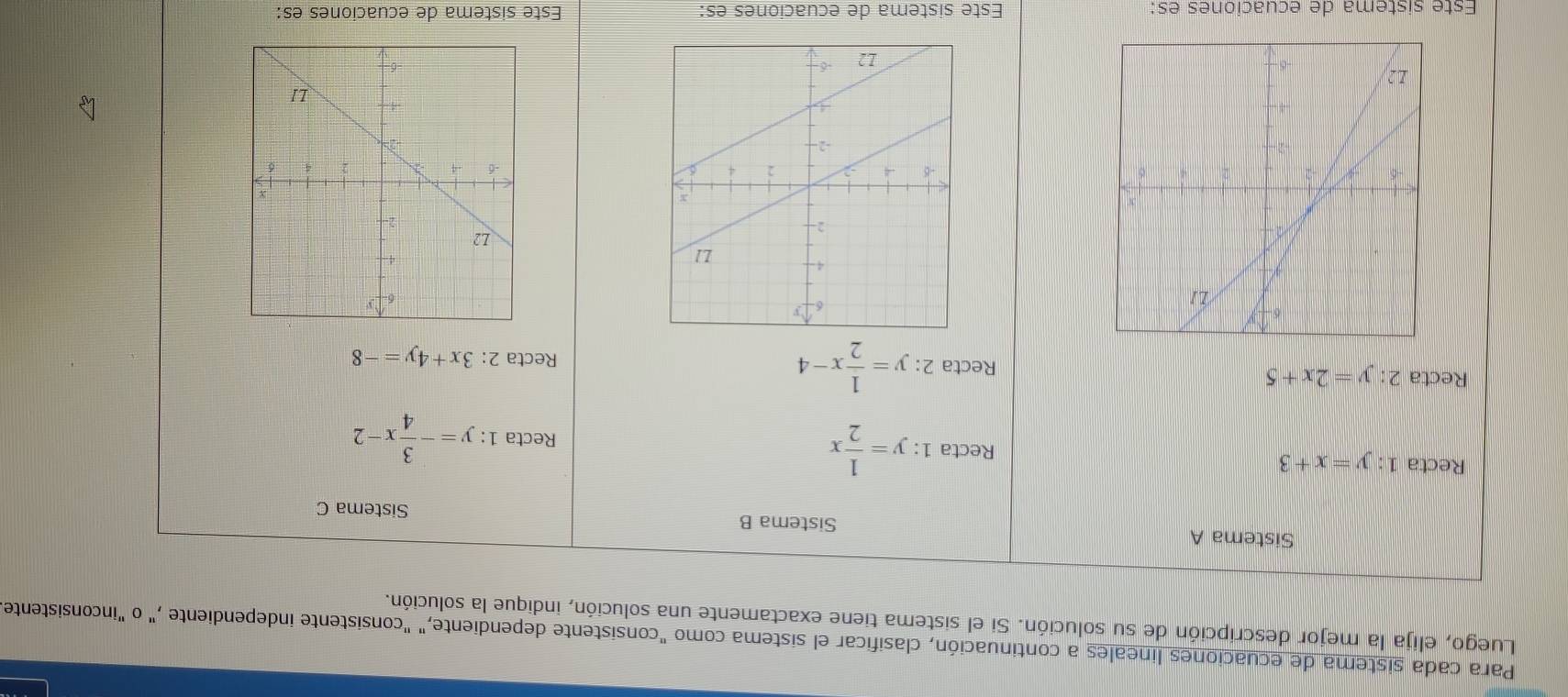 Para cada sistema de ecuaciones lineales a continuación, clasificar el sistema como "consistente dependiente," "consistente independiente ," o "inconsistente 
Luego, elija la mejor descripción de su solución. Si el sistema tiene exactamente una solución, indique la solución. 
Sistema A Sistema B Sistema C 
Recta 1: y=x+3 Recta 1:y= 1/2 x
Recta 1: y=- 3/4 x-2
Recta 2:y=2x+5 2:y= 1/2 x-4 2:3x+4y=-8
Recta Recta 

Este sistema de ecuaciones es: Este sistema de ecuaciones es: Este sistema de ecuaciones es: