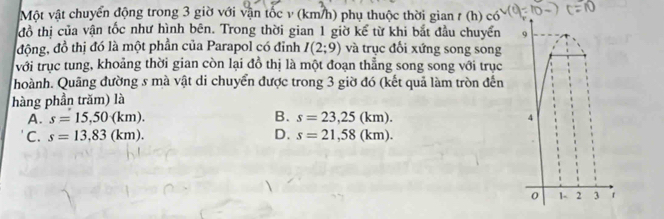 Một vật chuyển động trong 3 giờ với vận tốc v (km/h) phụ thuộc thời gian r (h) có
đồ thị của vận tốc như hình bên. Trong thời gian 1 giờ kể từ khi bắt đầu chuyển 9
động, đồ thị đó là một phần của Parapol có đỉnh I(2;9) và trục đổi xứng song song
với trục tung, khoảng thời gian còn lại đồ thị là một đoạn thẳng song song với trục
hoành. Quãng đường s mà vật di chuyển được trong 3 giờ đó (kết quả làm tròn đến
hàng phần trăm) là
A. s=15,50(km). B. s=23,25(km). 4
C. s=13,83(km). D. s=21,58(km). 
0 1 - 2 3