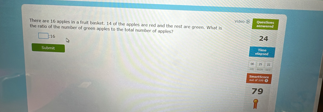 Questions 
There are 16 apples in a fruit basket. 14 of the apples are red and the rest are green. What is Video answered 
the ratio of the number of green apples to the total number of apples?
□ : 16
24
Submit 
Time 
elapsed 
00 25 22
HR SEC 
SmartScore 
out of 100 0
79