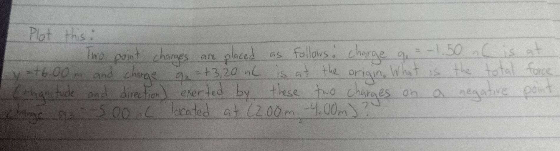 Plot this: 
Two point charges are placed as follows, charge q_1=-1.50 nC is at
y=+6.00m and change q_2=+3.20nC is at the origin. What is the total force 
Criagntide and direction ) exerted by these two charges on a negative point 
change
q_3=-5.0 located at (2.00m,-4.00m)