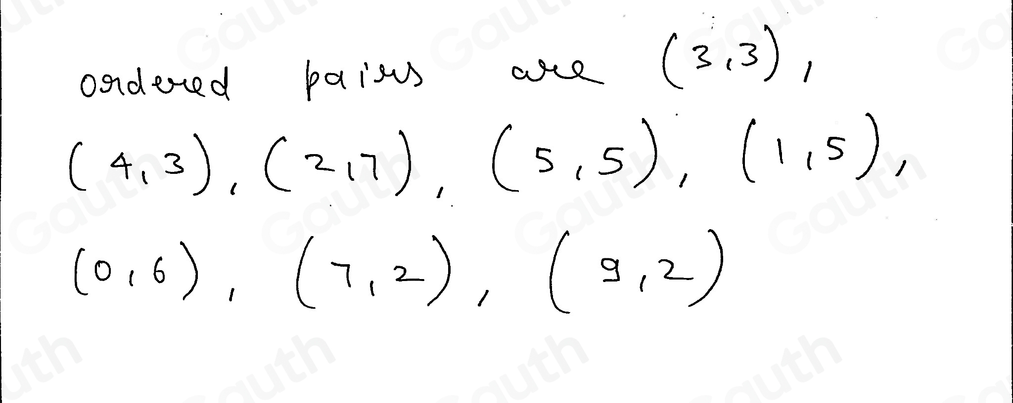 ondered paiss ae
(3,3),
(4,3), (2,7), (5,5), (1,5),
(0,6), (7,2), (9,2)