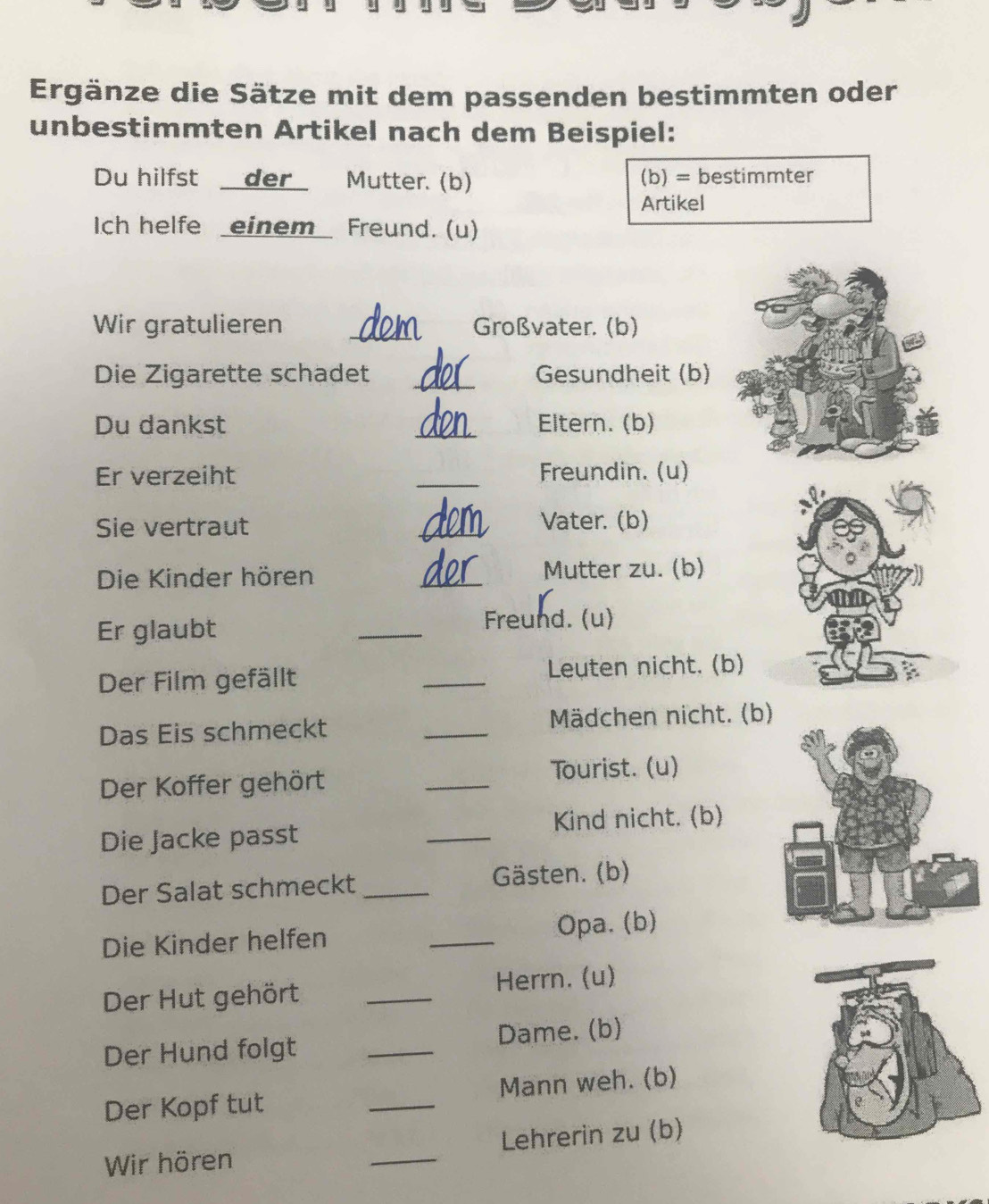 Ergänze die Sätze mit dem passenden bestimmten oder 
unbestimmten Artikel nach dem Beispiel: 
Du hilfst _der_ Mutter. (b) (b) = bestimmter 
Artikel 
Ich helfe einem Freund. (u) 
Wir gratulieren _Großvater. (b) 
Die Zigarette schadet _Gesundheit (b) 
Du dankst _Eltern. (b) 
Er verzeiht _Freundin. (u) 
Sie vertraut _Vater. (b) 
Die Kinder hören _Mutter zu. (b) 
Er glaubt _Freund. (u) 
Der Film gefällt _Leuten nicht. (b) 
Das Eis schmeckt _Mädchen nicht. (b 
Der Koffer gehört _Tourist. (u) 
Kind nicht. (b) 
Die Jacke passt 
_ 
Der Salat schmeckt _Gästen. (b) 
Die Kinder helfen _Opa. (b) 
Der Hut gehört _Herrn. (u) 
Der Hund folgt _Dame. (b) 
Der Kopf tut _Mann weh. (b) 
Wir hören _Lehrerin zu (b)