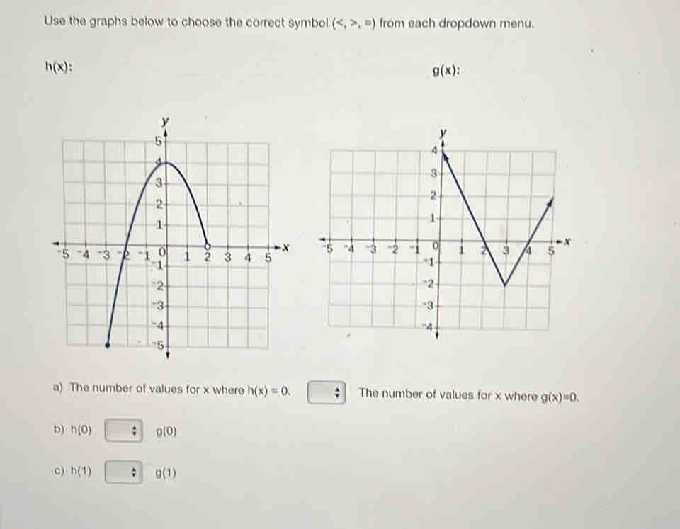 Use the graphs below to choose the correct symbol (,□ ) from each dropdown menu.
h(x) :
g(x) : 
a) The number of values for x where h(x)=0. The number of values for x where g(x)=0. 
b) h(0) □ /  g(0)
c) h(1) g(1)