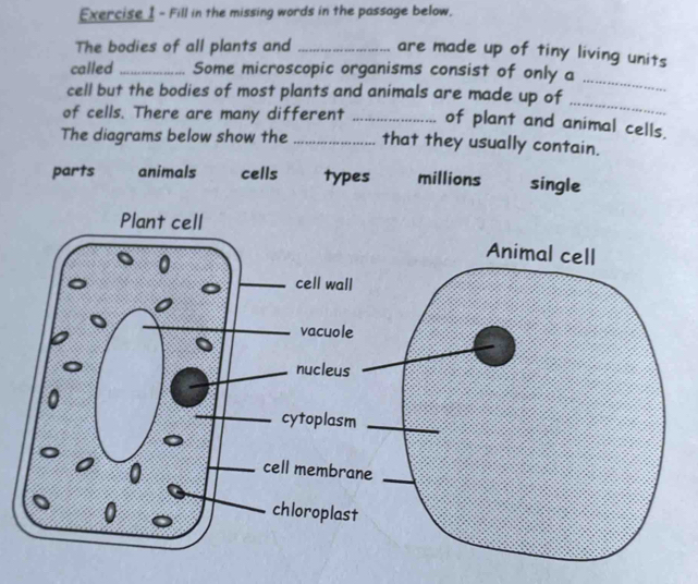 Fill in the missing words in the passage below.
The bodies of all plants and _are made up of tiny living units
called _Some microscopic organisms consist of only a
cell but the bodies of most plants and animals are made up of
_
_
of cells. There are many different _of plant and animal cells.
The diagrams below show the _that they usually contain.
parts animals cells types millions single
Plant cell
Animal cell
cell wal
vacuol
nucleus
cytoplas
0
cell membr
0 chloropla