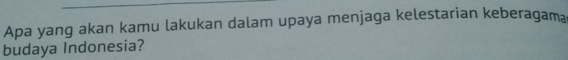 Apa yang akan kamu lakukan dalam upaya menjaga kelestarian keberagama 
budaya Indonesia?