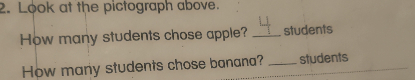 Look at the pictograph above. 
How many students chose apple? _students 
How many students chose banana? _students