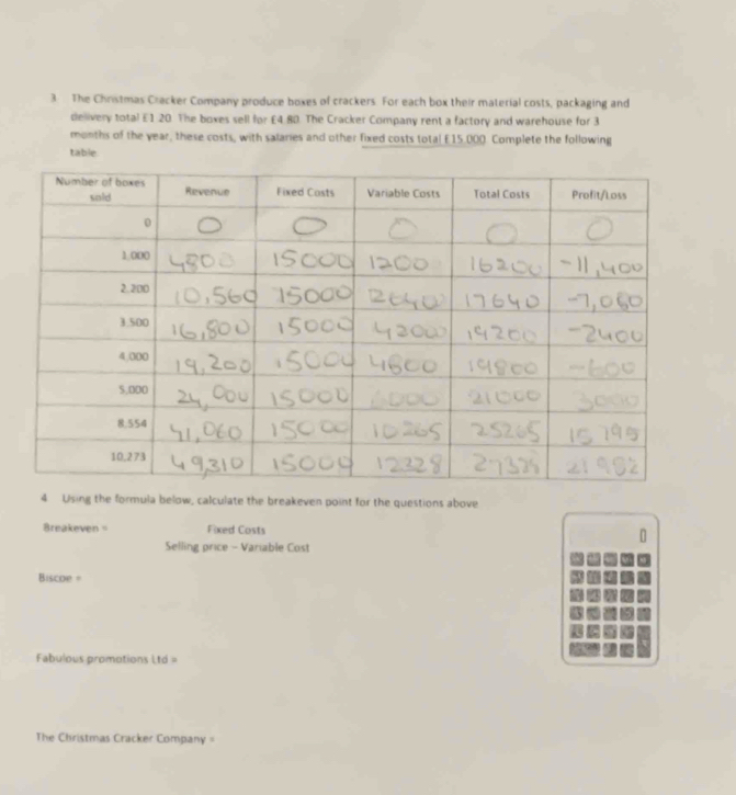 The Christmas Cracker Company produce boxes of crackers. For each box their material costs, packaging and 
delivery total £1 20. The boxes sell for £4.80. The Cracker Company rent a factory and warehouse for 3
months of the year, these costs, with salaries and other fixed costs total £15.000 Complete the following 
table 
4 Using the formula below, calculate the breakeven point for the questions above 
Breakeven = Fixed Costs 
[ 
Selling price - Variable Cost 
Biscoe = 
Fabulous promotions Ltd = 
The Christmas Cracker Company =