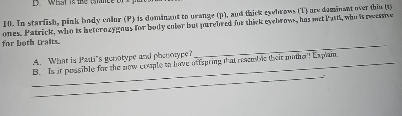 What is the chance of a pun 
10. In starfish, pink body color (P) is dominant to orange (p), and thick eyebrows (T) are dominant over thin (t) 
ones. Patrick, who is heterozygous for body color but purebred for thick eyebrows, has met Patti, who is recessive 
_ 
for both traits. 
A. What is Patti’s genotype and phenotype? 
_B. Is it possible for the new couple to have offspring that resemble their mother? Explain. 
_: