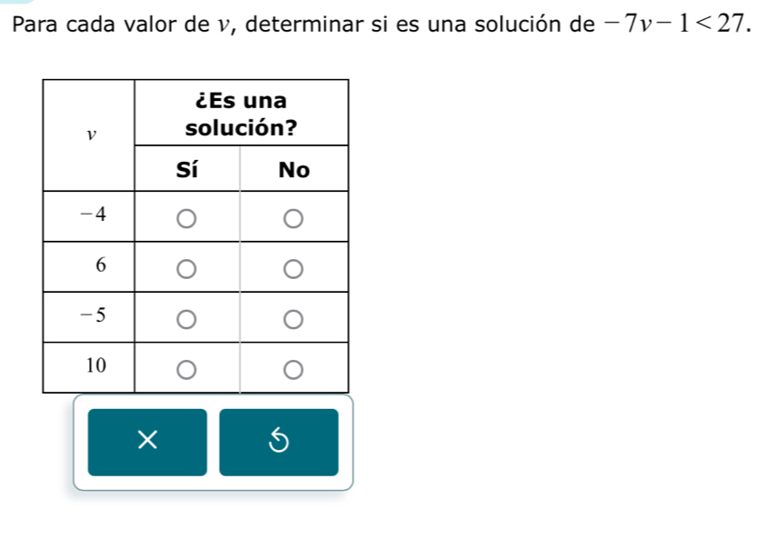 Para cada valor de v, determinar si es una solución de -7v-1<27</tex>. 
×