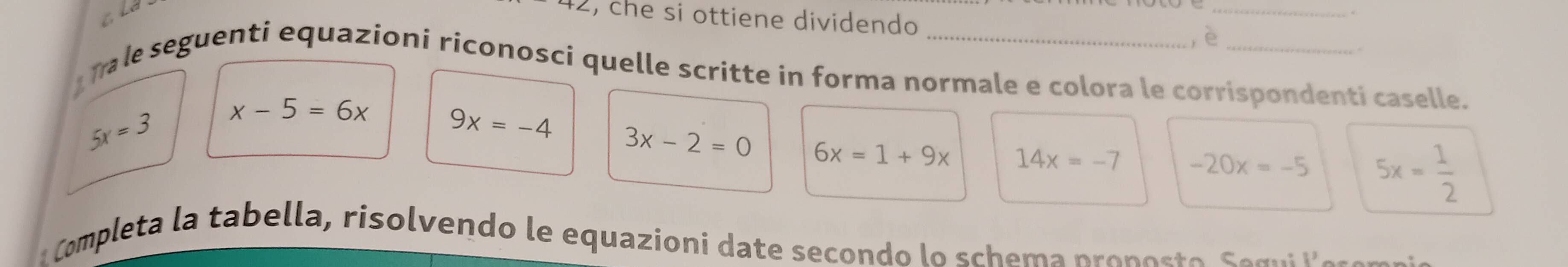 che si ottiene dividendo ,è_ 
nale seguenti equazioni riconosci quelle scritte in forma normale e colora le corrispondenti caselle.
5x=3 x-5=6x 9x=-4
3x-2=0 6x=1+9x 14x=-7 -20x=-5 5x= 1/2 
Completa a tabella, risolvendo le equazioni date secondo lo schema pronest e S em