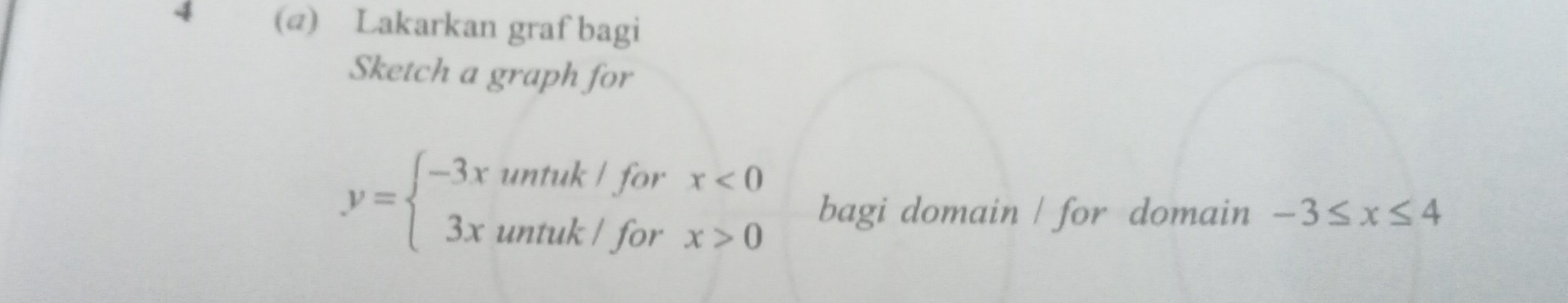 4 (@) Lakarkan graf bagi 
Sketch a graph for
y=beginarrayl -3xuntuk/forx<0 3xuntuk/forx>0endarray. bagi domain / for domain -3≤ x≤ 4