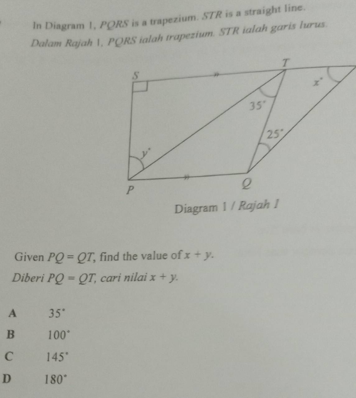 In Diagram 1, PQRS is a trapezium. STR is a straight line.
Dalam Rajah , PQRS ialah trapezium. STR ialah garis lurus.
Diagram 1  Rajah I
Given PQ=QT,; find the value of x+y.
Diberi PQ=QT, , cari nilai x+y.
A 35°
B 100°
C 145°
D 180°