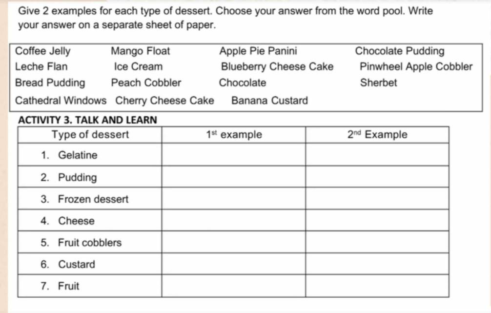 Give 2 examples for each type of dessert. Choose your answer from the word pool. Write
your answer on a separate sheet of paper.
Coffee Jelly Mango Float Apple Pie Panini Chocolate Pudding
Leche Flan Ice Cream Blueberry Cheese Cake Pinwheel Apple Cobbler
Bread Pudding Peach Cobbler Chocolate Sherbet
Cathedral Windows Cherry Cheese Cake Banana Custard