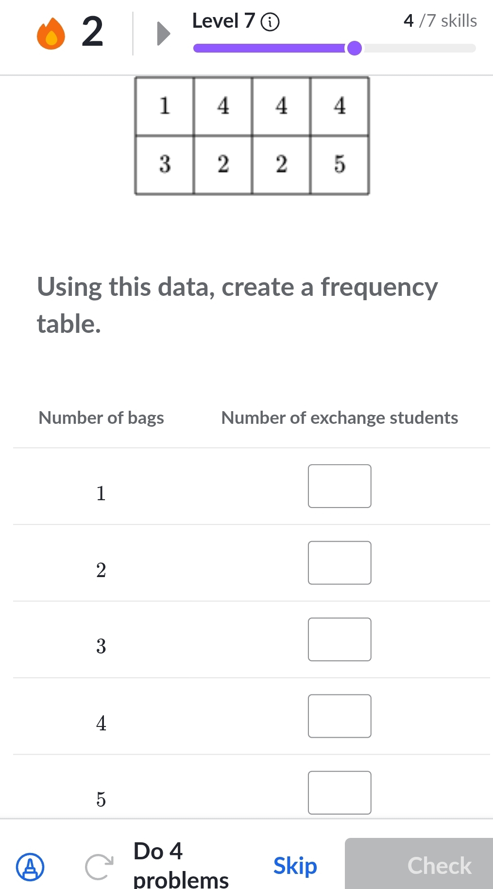 Level 7 ⓘ 4 /7 skills 
Using this data, create a frequency 
table. 
Do 4 
problems 
Skip Check