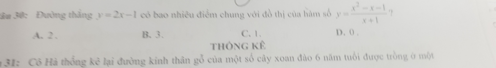 ầu 30: Đường thắng y=2x-1 có bao nhiều điểm chung với đồ thị của hàm số y= (x^2-x-1)/x+1  ？
A、 2 、 B. 3. C、 1 、
D. 0.
thông kê
* 31: Cô Hà thống kê lại đường kinh thân gỗ của một số cây xoan đào 6 năm tuổi được trồng ở một