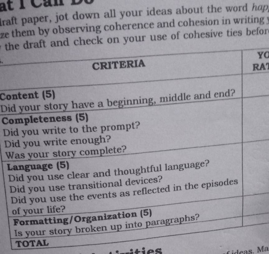 draft paper, jot down all your ideas about the word hap, 
ze them by observing coherence and cohesion in writing y 
y t your use of cohesive ties befor . 
YO 
AT 
Co 
Di 
C 
D 
D 
W 
L 
TOTAL