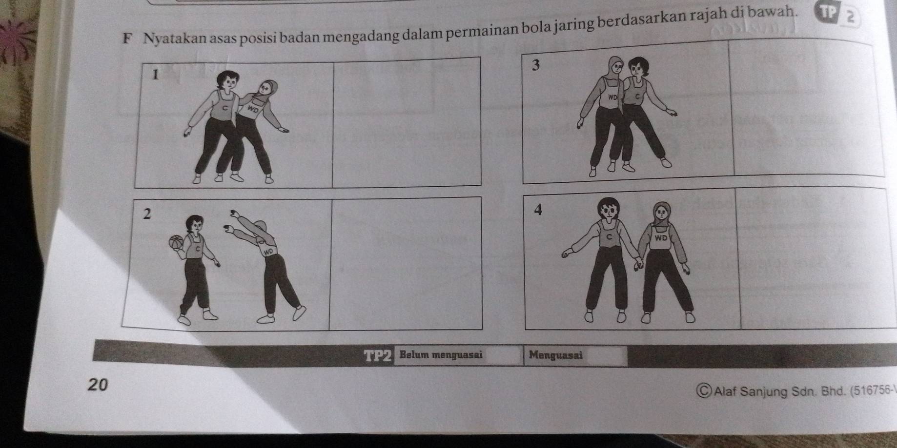 Nyatakan asas posisi badan mengadang dalam permainan bola jaring berdasarkan rajah di bawah. 2 
TP2 Belum menguasai Menguasai 
20 
Alaf Sanjung Sdn. Bhd. (516756-)