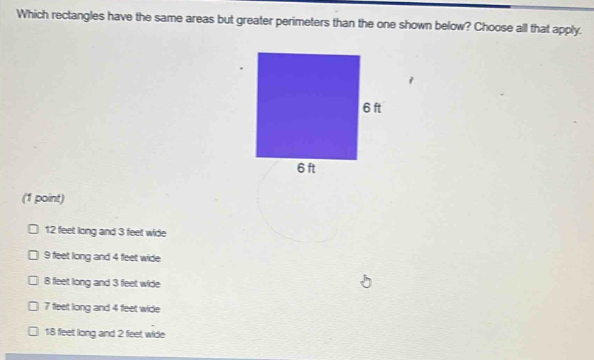 Solved: Which rectangles have the same areas but greater perimeters ...