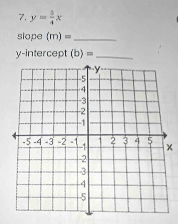 y= 3/4 x
slope (m)= _ 
y-intercept (b)= _
x