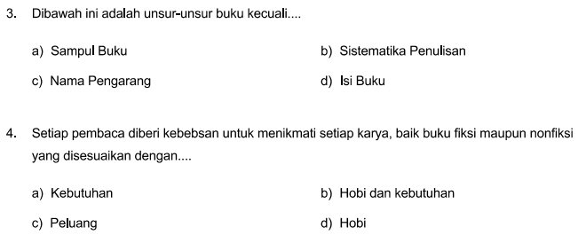 Dibawah ini adalah unsur-unsur buku kecuali....
a) Sampul Buku b) Sistematika Penulisan
c) Nama Pengarang d) Isi Buku
4. Setiap pembaca diberi kebebsan untuk menikmati setiap karya, baik buku fiksi maupun nonfiksi
yang disesuaikan dengan....
a) Kebutuhan b) Hobi dan kebutuhan
c) Peluang d) Hobi