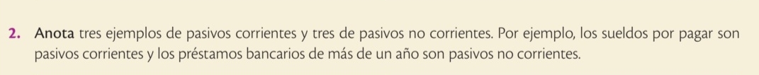 Anota tres ejemplos de pasivos corrientes y tres de pasivos no corrientes. Por ejemplo, los sueldos por pagar son 
pasivos corrientes y los préstamos bancarios de más de un año son pasivos no corrientes.