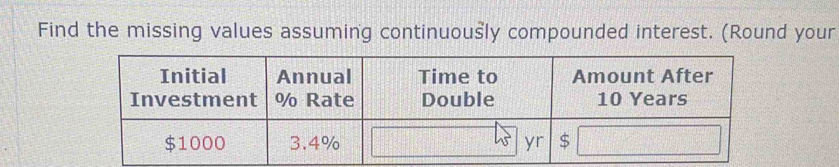 Find the missing values assuming continuously compounded interest. (Round your