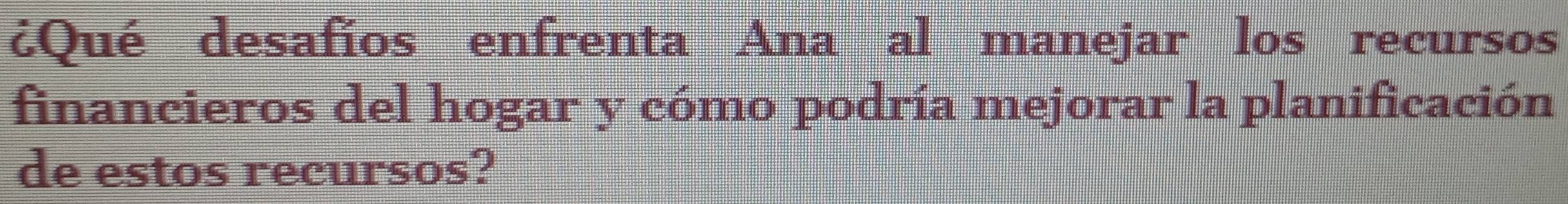 ¿Qué desafios enfrenta Ana al manejar los recursos 
financieros del hogar y cómo podría mejorar la planificación 
de estos recursos?